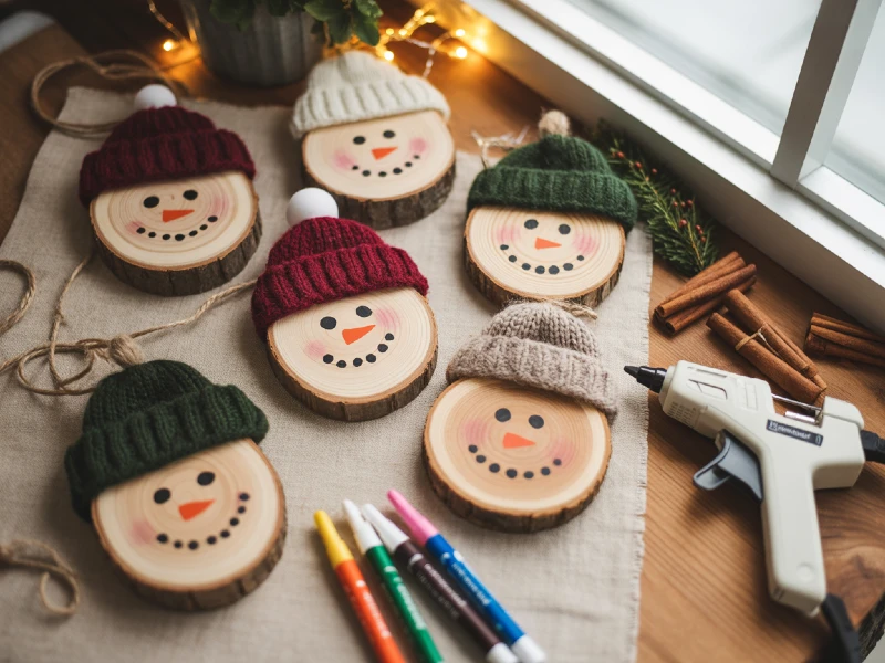 Adornos de Muñecos de Nieve DIY con Rodajas de Madera